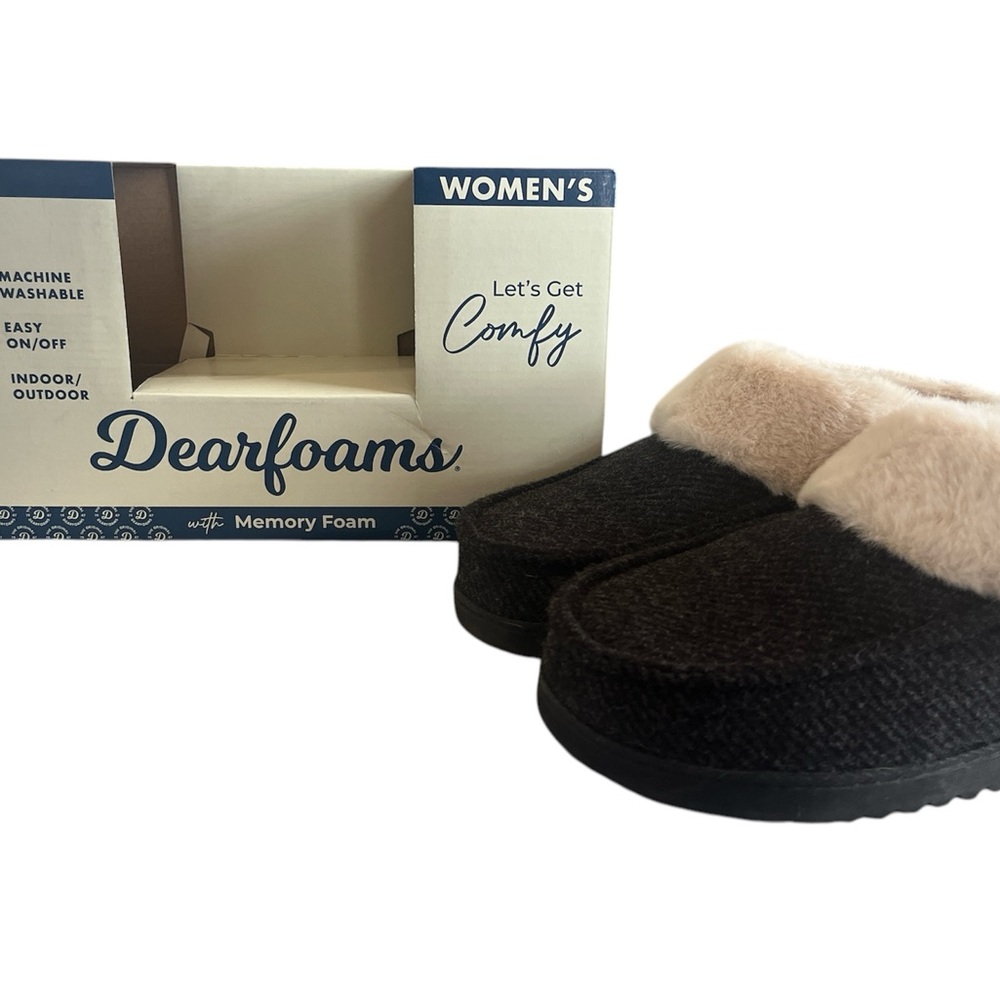 Dearfoams Black Slippers with Soft Plush Material and Slip-On Design